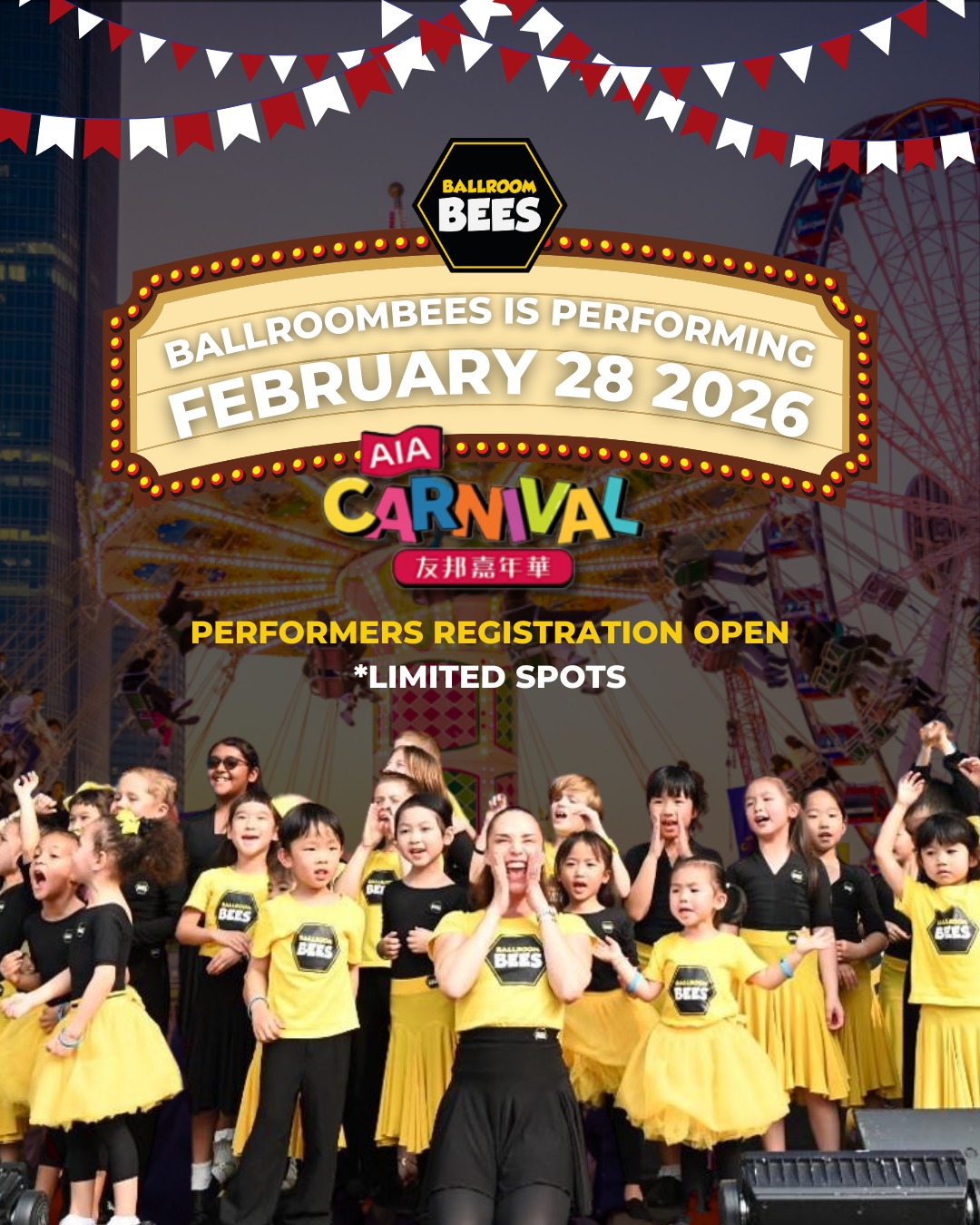 We’re excited to announce that registration is now OPEN for our upcoming AIA Carnival BallroomBees Performance! 🎉✨

Event Details:
📅 Date: February 28, 2026
⏰ Call Time: 15:15 hrs
(Please be on time - late arrivals will need to purchase a single-entry ticket)
📍 Venue: AIA Carnival, 9 Lung Wo Road, Central Harbourfront
💃 Performance Time: 16:00 – 17:00 hrs

Registration Fee
💰 Nominal Fee: HK$50 (non-refundable)
Limited spots available – secure your place early!

-----------
LINK IN BIO
-----------

Don’t miss this chance to perform at one of Hong Kong’s most exciting events of the year. We can’t wait to light up the AIA Carnival stage with you! 🎡🐝

#Ballroombees #AIACarnival #kids #dance #kidsdancing