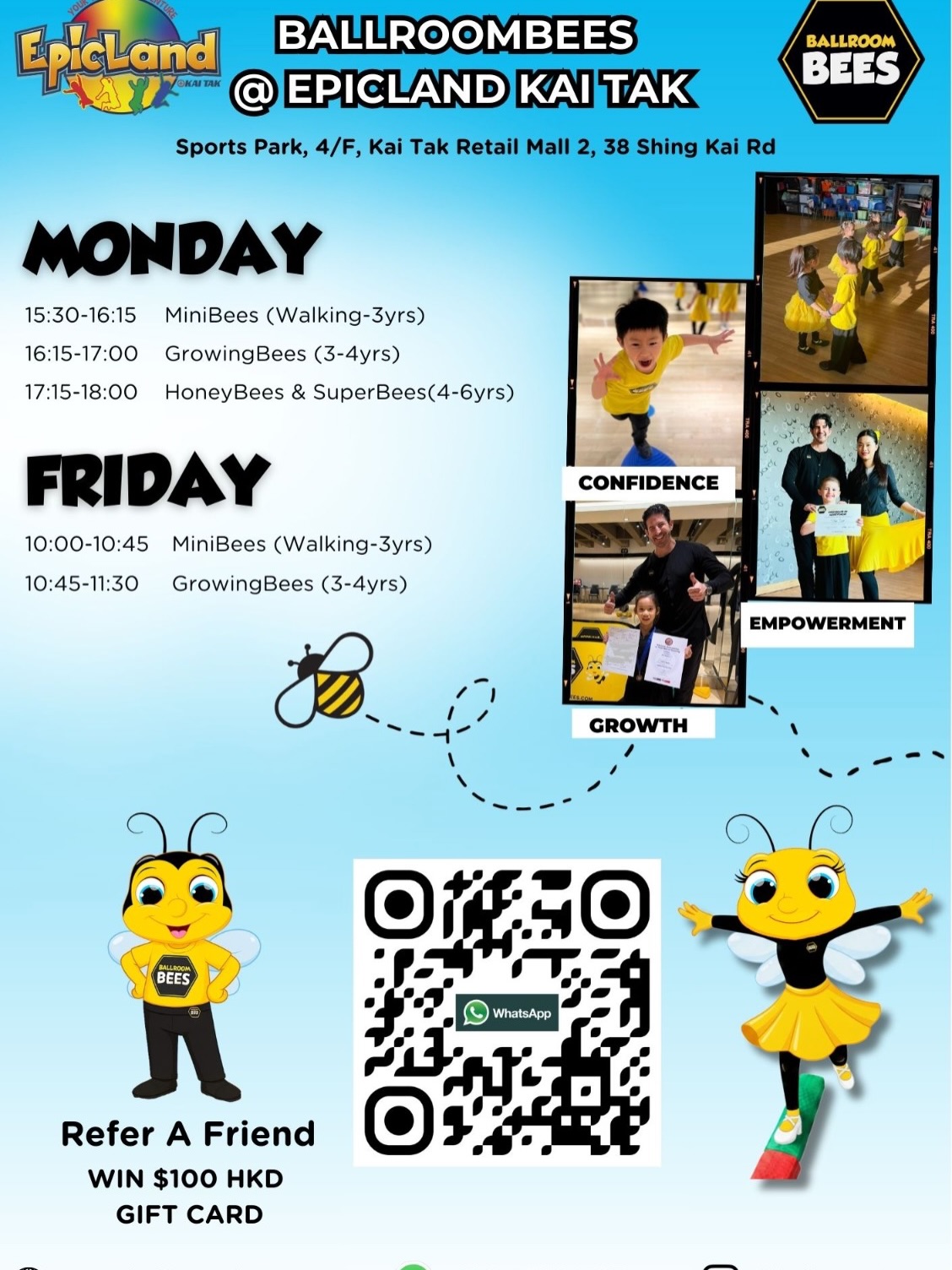 📣BallroomBees is thrilled to announce our brand new location at EpicLand Kai Tak! Get ready to dance, play, and grow with us in an exciting new environment.
📍 Find Us: Sports Park, 4/F, Kai Tak Retail Mall 2, 38 Shing Kai Rd
@epiclandhk
Join our popular classes designed for every dancer:
🐝 MiniBees (Walking-3yrs)
🐝 GrowingBees (3-4yrs)
🐝 HoneyBees & SuperBees (4-6yrs)
We have classes running every Monday and Friday! Check our website for the full schedule and to find the perfect class for your child.
Ready to join the fun?
👉 Visit www.ballroombees.com to book your class today!
📞 Call us at +852 4622 3215
✨ Refer a Friend & Win! ✨ Don’t forget to refer a friend and you could win a $100 HKD gift card!
#BallroomBees #EpicLandKaiTak #NewLocation #KidsDance #HongKongKids TaiKoo DanceClasses ChildrensActivities KaiTak FunForKids DanceAndPlay Movement Movement ReferAFriend